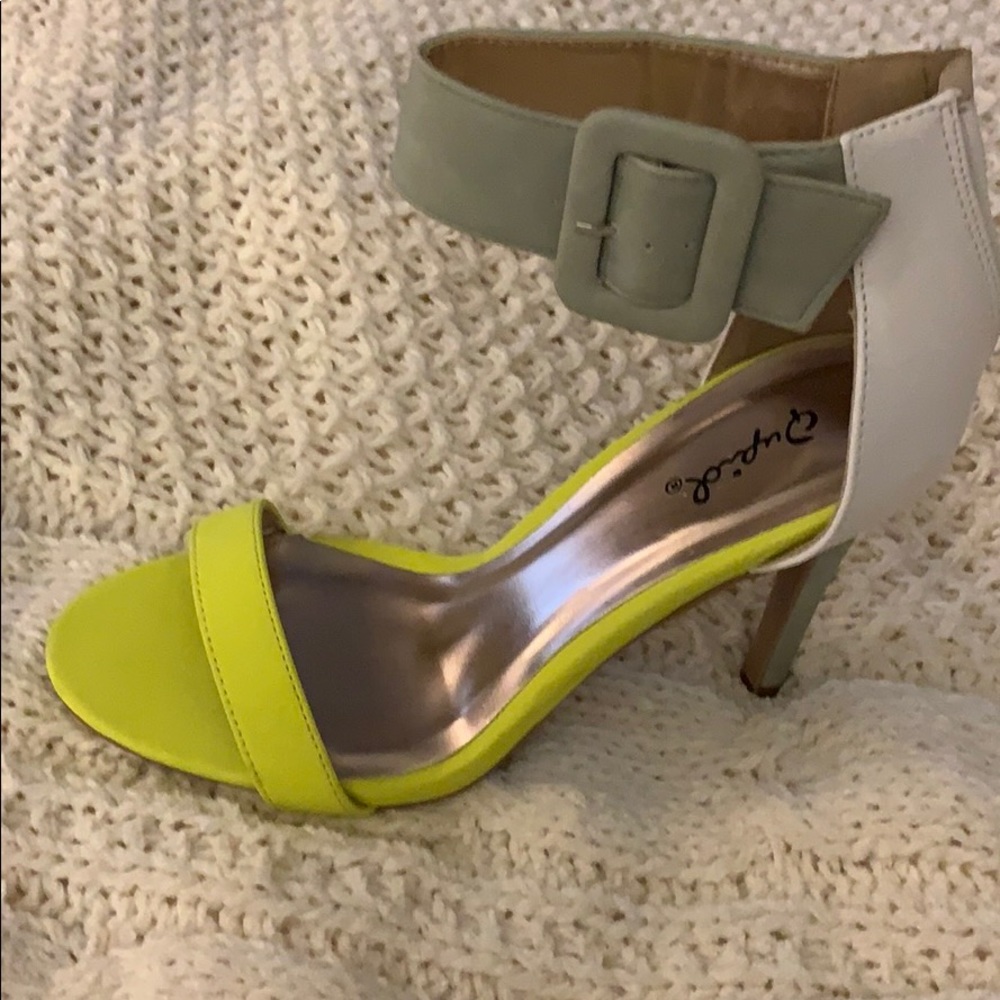 Qupid neon yellow and white heels